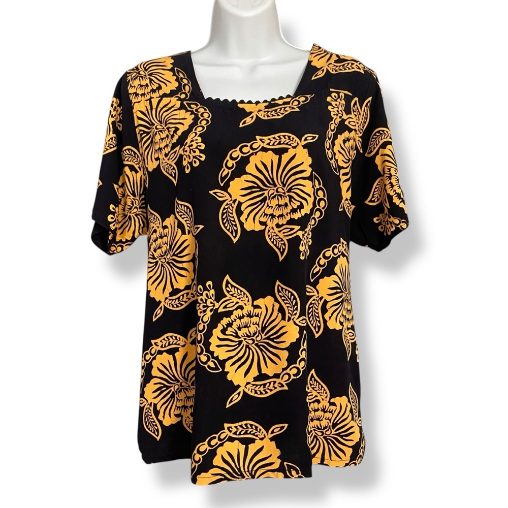 Tropical Blouse Square Neckline Floral Short Sleeves Tie Back Women